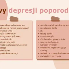 Objawy depresji poporodowej: zaburzenia snu, poczucie winy, myśli samobójcze, lęk, napady paniki, trudności w obowiązkach domowych.