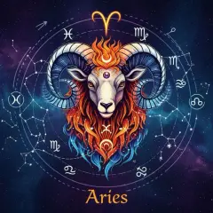 Baran, znak zodiaku 25 kwietnia, z płomienną grzywą i rogami, otoczony konstelacjami i symbolami zodiaku na tle kosmosu.
