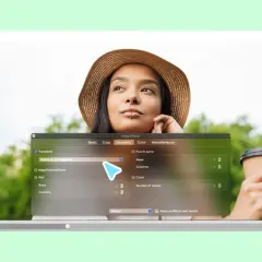Okno programu z opcją obracania wideo, ikonka VLC i kobieta w kapeluszu.