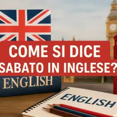 Bandiera inglese, libro "English", cabina telefonica rossa e la domanda: "Come si dice sabato in inglese?". Impara le zilele saptamanii in engleza!