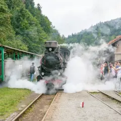 Para, parowozy i uśmiechnięte twarze – to idealne bieszczady z dziećmi. Rodziny z dziećmi podziwiają zabytkowy pociąg parowy.
