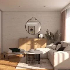 Jasny salon z sofą, stolikiem kawowym i komodą. Drewniane akcenty i lustro podkreślają **minimalizm w domu**.