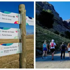 Señalización de rutas en Panticosa: Ibón de Sabocos, Mirador de Yandel y Circular Pico Mandilar. Senderistas disfrutan del paisaje montañoso.