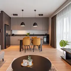 Nowoczesny salon z aneksem kuchennym w hotelu Platinum Residence. Kanapa, stół z krzesłami, kuchnia i TV.