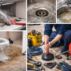 Fuite sous un évier, toilettes débordantes, drain bouché. Un plombier utilise des outils pour réparer la canalisation de la maison.