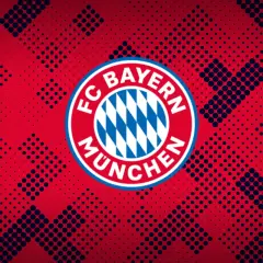 Herb FC Bayern Monachium na tle czerwono-granatowych kropek. Duma Bawarii.