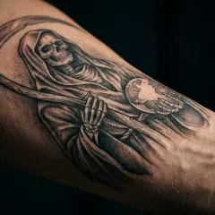 Chicano tattoo: Śmierć z kosą trzymająca kulę ziemską, symbolizująca przemijanie i los.