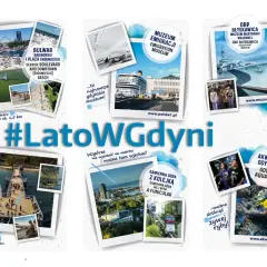 Kolaż zdjęć z Gdyni: plaża, molo, muzea, kolejka, akwarium.