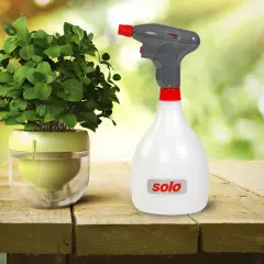 Eine grüne Pflanze in einem Glasgefäß neben einer weißen SOLO Spritze mit rotem Sprühkopf auf einem Holztisch.