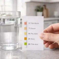 Test de dureté de l'eau : une bandelette réagit avec le verre d'eau, indiquant la présence de calcaire et de calcium.