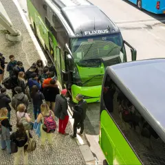 Grupa ludzi czeka na zielonego Flixbusa, szukając okazji na podróż.
