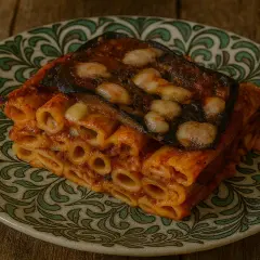 Piatto di pasta al forno con melanzane, un classico tra le melanzane ricette estive, servito su un piatto decorato.