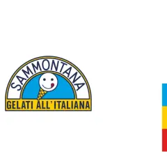 Logo Sammontana con gelato sorridente e ruota dei colori che mostra i colori complementari. Blu, giallo e rosso.