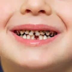 Uśmiech dziecka z widocznymi ubytkami i próchnicą. Konieczne jest lapisowanie zębów, by zapobiec dalszym uszkodzeniom.