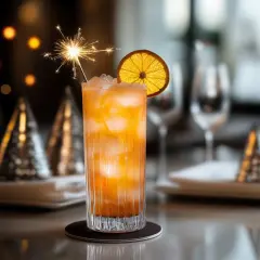 En festlig Singapore Sling med en gnistrande stjärntändare och en torkad apelsinskiva.