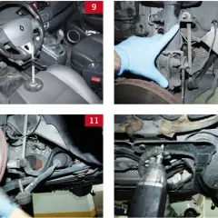 Wnętrze Renault Scenic, ręka w rękawiczce wskazująca amortyzator, hamulec i podwozie samochodu.