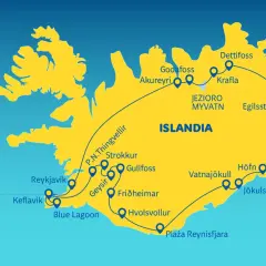 Mapa z trasą wycieczki objazdowej po Islandii, pokazująca główne atrakcje jak Reykjavik, Geysir, Gullfoss, Jezioro Myvatn, Jökulsárlón i plażę Reynisfjara.