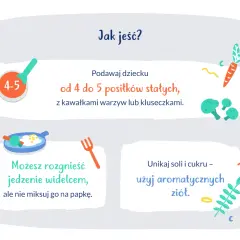 Wskazówki dla rodziców 9-miesięcznego dziecka: podawaj 4-5 posiłków stałych z kawałkami warzyw, rozgniataj widelcem, unikaj soli i cukru.