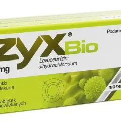 Opakowanie leku ZYX Bio 5 mg zawierające 7 tabletek powlekanych, z substancją czynną Levocetirizini dihydrochloridum.