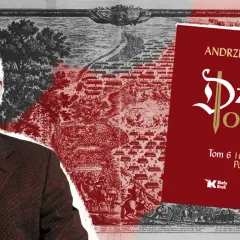 Portret mężczyzny w okularach na tle starej mapy i okładki książki "Dzieje Polski".