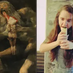 Obraz przedstawia przerażającą scenę, gdzie **Saturn pożera swojego syna**, obok kobieta z podobnym wyrazem twarzy je kebaba.