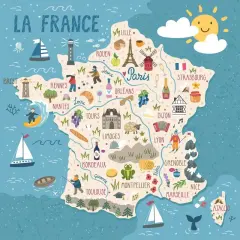 Ilustrowana mapa Francji z nazwami miast i charakterystycznymi symbolami, ukazująca różnorodność regionów Francji.