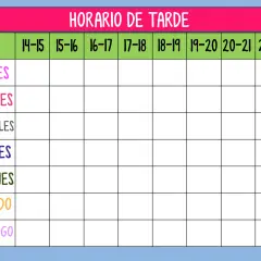 Plantilla horario actividades extraescolares. Tabla semanal con días de lunes a domingo y franjas horarias de 14 a 22h para organizar la tarde.