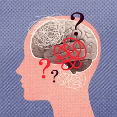 Profilo stilizzato con cervello e grovigli di pensieri, punti interrogativi che simboleggiano l'overthinking significato.