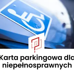 Niebieski symbol wózka inwalidzkiego na niebieskim tle, poniżej napis "Karta parkingowa dla niepełnosprawnych".
