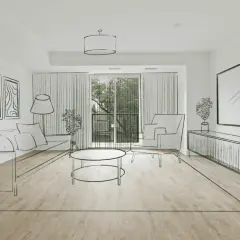 Szkic sytuacyjny salonu z kanapą, fotelem, stolikiem kawowym i komodą. Widok na balkon przez drzwi tarasowe.