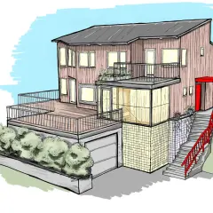 En illustration av ett modernt hus med stora fönster, balkonger och en röd entré.