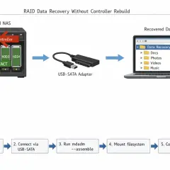 RAID-Datenwiederherstellung: Aus einem ausgefallenen NAS mit intakten Festplatten werden Daten über einen USB-SATA-Adapter auf einen Laptop kopiert, um den **home server** wiederherzustellen.