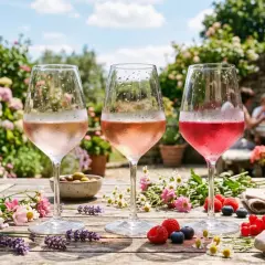 Drei Gläser saignee rose stehen auf einem Holztisch, dekoriert mit Beeren und Blumen. Im Hintergrund eine sonnige Gartenszene mit Menschen.