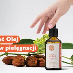 Odkryj, jak stosować olej jojoba w pielęgnacji włosów. Butelka z olejkiem, liście i owoce jojoby.