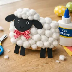 Urocza owieczka z waty, idealna do wielkanocnych tradycji i prac plastycznych. Obok nożyczki, klej i kolorowe papiery.