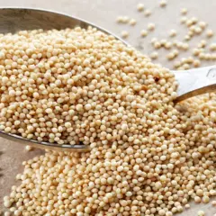 Ein Löffel voller gepuffter Amaranth-Samen, die leicht und luftig aussehen. Sie sind eine gesunde Zutat, die man in Müsli oder als Snack genießen kann.