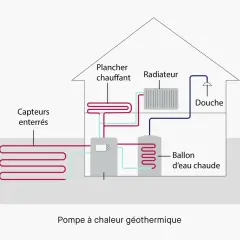 Schéma d'une pompe à chaleur géothermique au sol, montrant les capteurs enterrés, le ballon d'eau chaude, le plancher chauffant, le radiateur et la douche.
