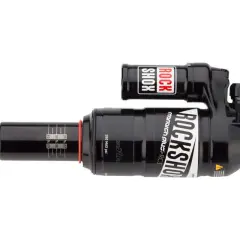 RockShox Monarch Plus RC3 rear shock absorber for mountain bikes, black with white lettering and red accents.