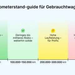 Kilometerstand-guide: wie viel km im Jahr Auto? 0-100.000 km niedriges Risiko, 100-150.000 km geringes bis mittleres Risiko, 200-300.000 km hohe Laufleistung, 300.000+ km hohes Risiko.