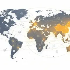 Weltkarte mit leuchtendem China und Australien, die die Dynamik der msci emerging markets symbolisieren. Vernetzte Linien zeigen globale Verbindungen.