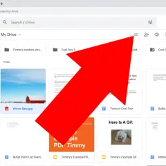 Red arrow points to the link icon in Google Drive, showing how to upload a link.