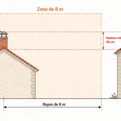 Schéma de tubage de poêle à bois : distance de 8m et hauteur minimale de 40cm pour la souche de cheminée par rapport au faîtage.