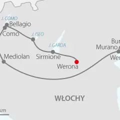 Trasa podróży: Mediolan, Sirmione nad jeziorem Garda, Werona, Wenecja. Skala 25 km.