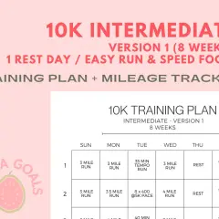 Plan treningowy na 10 km w 45 minut. Tabela z ćwiczeniami na 8 tygodni, zawiera biegi, treningi tempowe i dni odpoczynku.