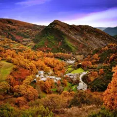 Un pueblo en la Serra do Courel, envuelto en los ocres del otoño, bajo un cielo violáceo.