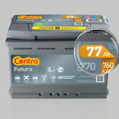 Akumulator Centra Futura z powiększoną etykietą pokazującą jego pojemność akumulatora: 77 Ah.