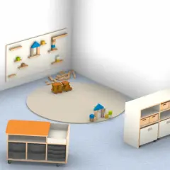 Kindergarten-Bauecke mit Holzbausteinen, Spielzeugzügen und Aufbewahrungsmöbeln.