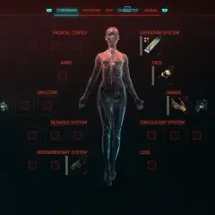 Interfejs gry Cyberpunk 2077, ekran budowy postaci. Widoczny schemat ciała z opcjami cyberwszczepów: system operacyjny, twarz, ręce, nogi, układ krążenia, układ nerwowy, szkielet, kora mózgowa.