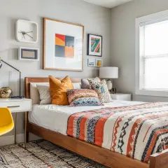 Vibrant teenager room ideas featuring a colorful patterned throw, abstract art, and a bright yellow chair.