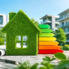 Casa in erba con scala energetica, simbolo della **direttiva case green**. Progetti e penna in primo piano, edifici moderni sullo sfondo.